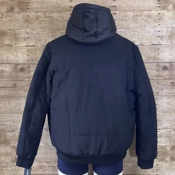 Kenneth Cole Mens Hooded‎ Puffer Jacket Black Double Zip Bib Bomber Coat KC NEW